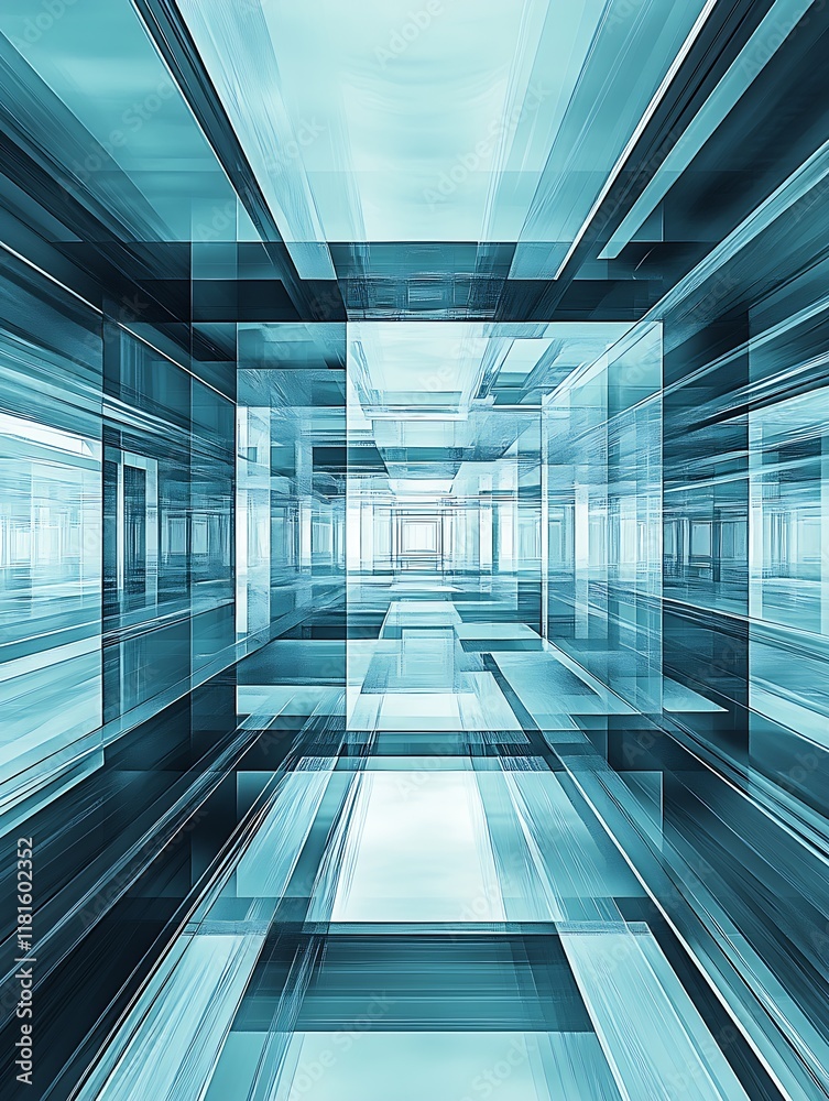 Poster Symmetrical Blue Geometric Digital Art With Transparent Layers Creating Futuristic Optical Illusion : Generative AI