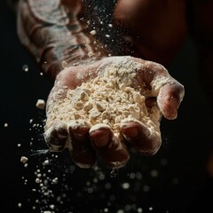 Athlete preparing for competition by applying chalk powder in a dimly lit setting, showcasing focus and determination before a challenging performance