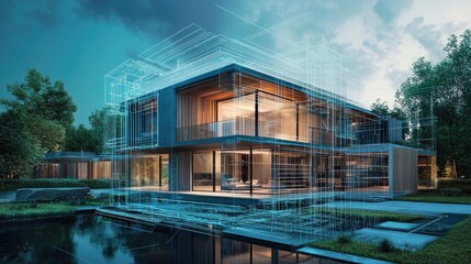 Obraz premium Modern Architectural Design Concept with Digital Overlay Visualization