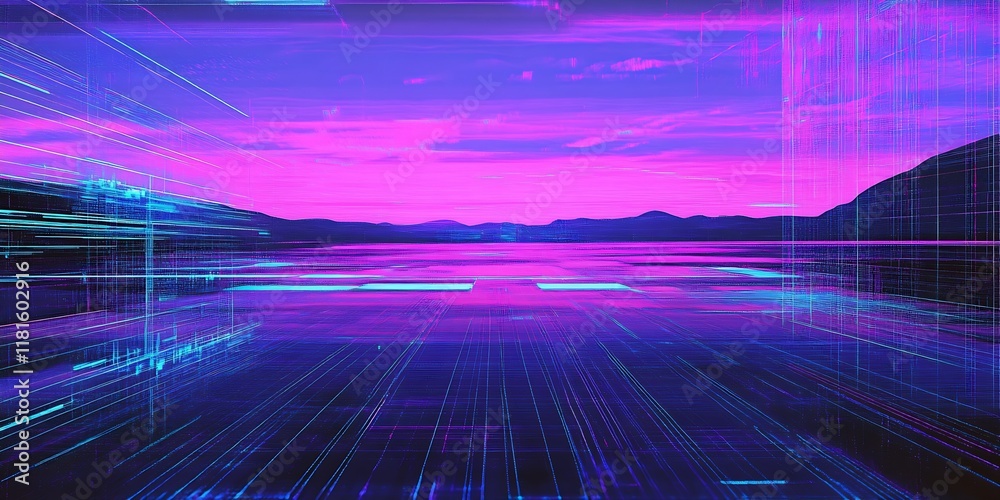 Poster vibrant futuristic landscape with geometric digital patterns in purple lighting : generative ai