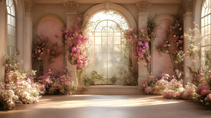Flowers Decorate Elegant Interior with Pillars Gracefully Beside Arched Window