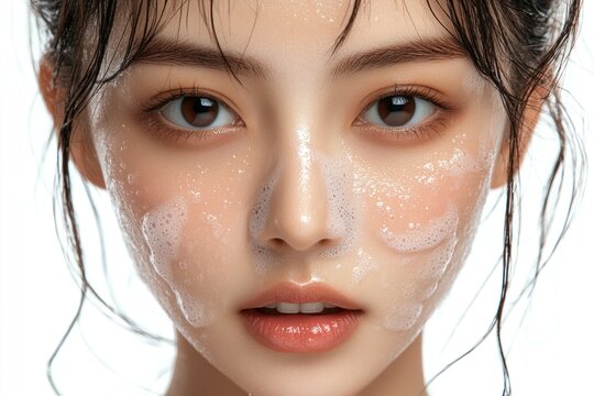 Realistic close-up of an Asian woman with cleanser on her face, highlighting skincare focus and clean beauty in bright surroundings