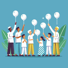 cartoon of people playing with white balloons in a flat design