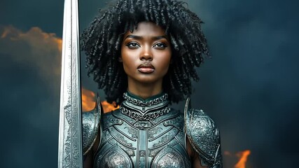 A fierce Black African female warrior in glowing battle armor gripping a sword with determination.