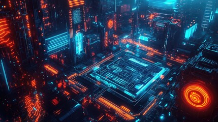 Futuristic Digital Cityscape with Neon Lights and Circuit Patterns
