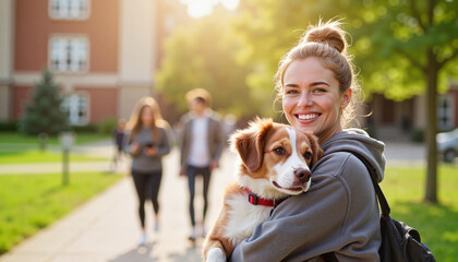 Smiling student holding pet dog in college courtyard, joyful companionship