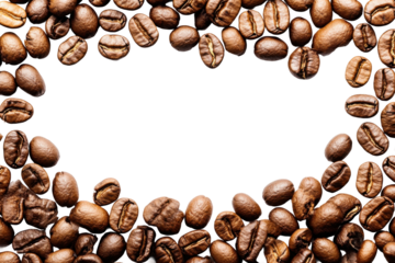 Scattered coffee beans forming a frame, rich brown texture for fresh coffee branding, aromatic beverage ingredient concept isolated on transparent background