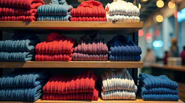 shelves with folded items in a store, sale discounts concept of retail shopping, bargain deals, clearance sale
