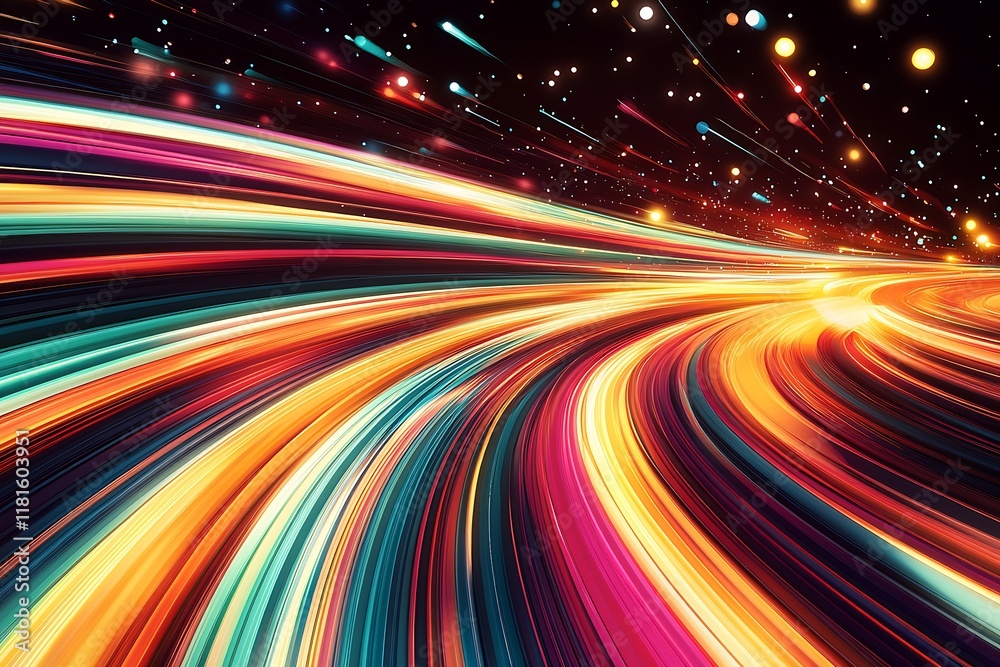 Poster Dynamic Cosmic Light Paths Against a Starry Background with Vibrant Neon Streaks : Generative AI