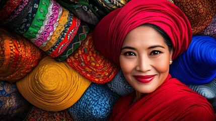 Smiling woman in a vibrant red headwrap standing against a colorful background of woven hats.