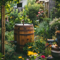 Obraz premium A wooden rain barrel overflowing with water in a vibrant garden filled with blooming flowers during late afternoon sunshine