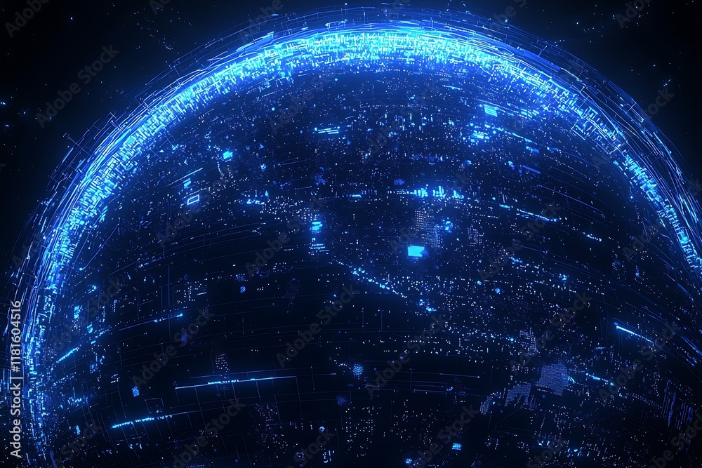 Poster futuristic digital sphere with neon blue light glowing in a dark abstract tech design : generative a