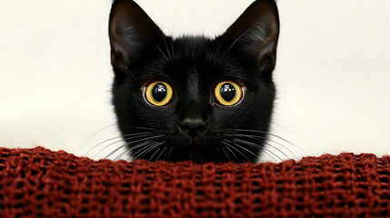 Black Cat Hides Curiously Behind Red Blanket