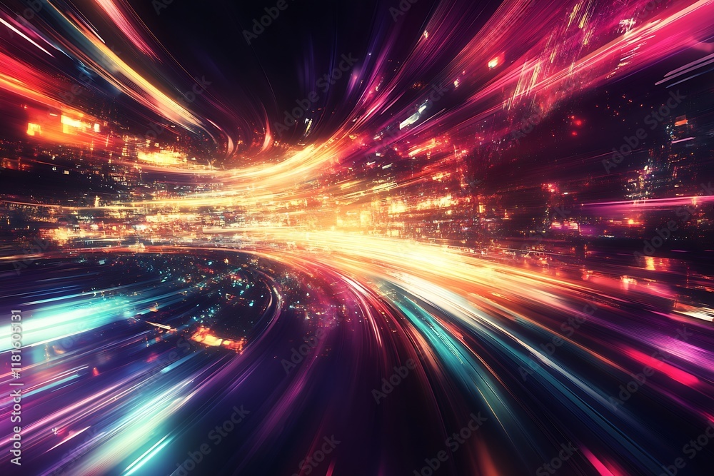 Poster vibrant expressive light trails in an abstract urban digital landscape with dynamic motion : generat