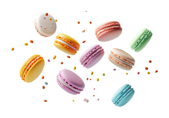 Colorful macarons float through the air in a whimsical display of sweet delight. Isolated on transparent background, png.