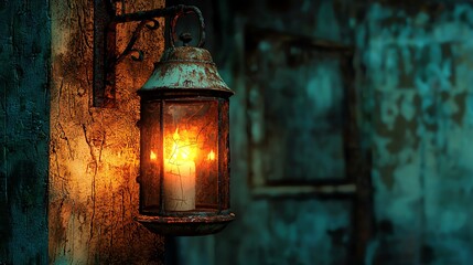 Rustic lantern illuminating a dimly lit space.