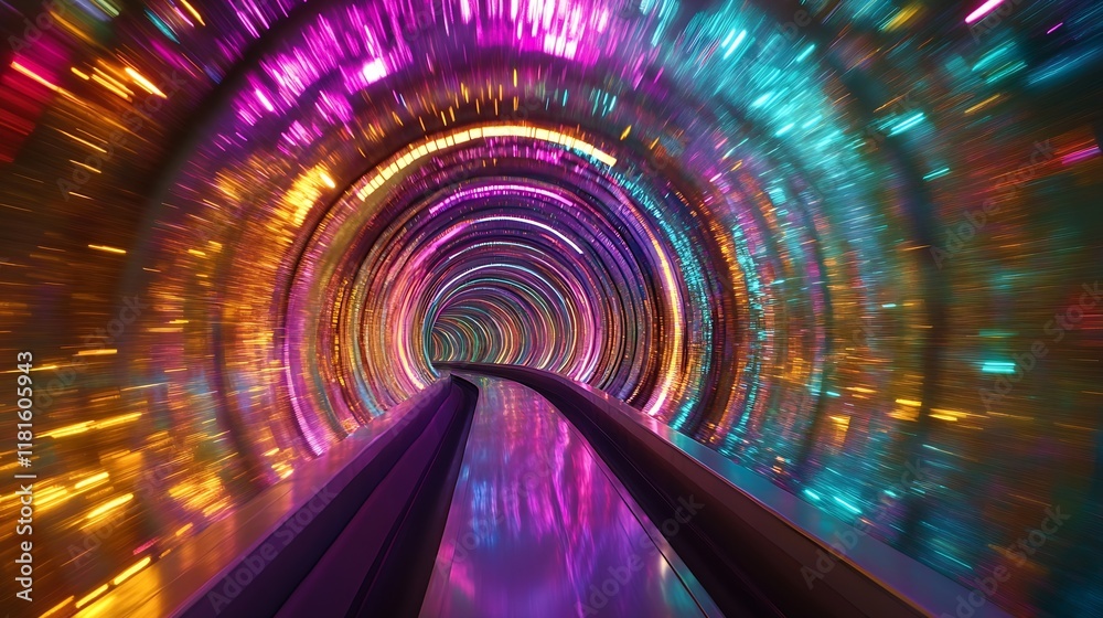Aufkleber Futuristic Neon Tunnel with Vibrant Colors in a Dynamic Abstract Setting : Generative AI