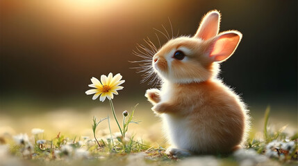 Fototapeta premium Cute Bunny Smells Flower in Meadow at Golden Hour