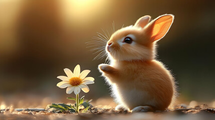 Fototapeta premium Cute Bunny Admires a Daisy in Golden Sunlight
