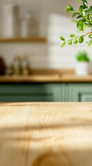 Sunlight illuminating an empty wooden table in a modern kitchen creates a warm, inviting atmosphere, ideal for displaying products or culinary creations alongside a blurred green plant