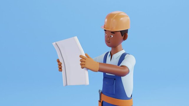 Builder character animation. Construction site worker, handyman holding and analyzing blueprint. Professional worker, renovation service animated stock footage, cartoon style, 3d render