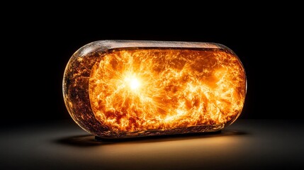 Glowing capsule with fiery, energetic contents.