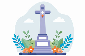 Memorial cross with flowers on a serene background