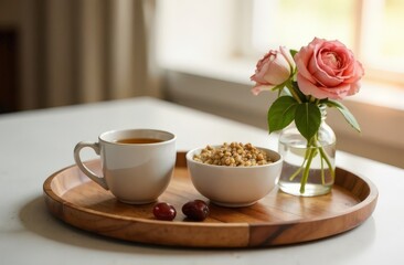 Minimalist Suhoor setting with warm natural lighting