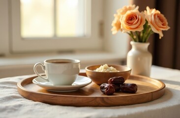 A minimalist Suhoor setting on a wooden tray, including a cup of tea, dates, a bowl of porridge, and a small vase with fresh flowers