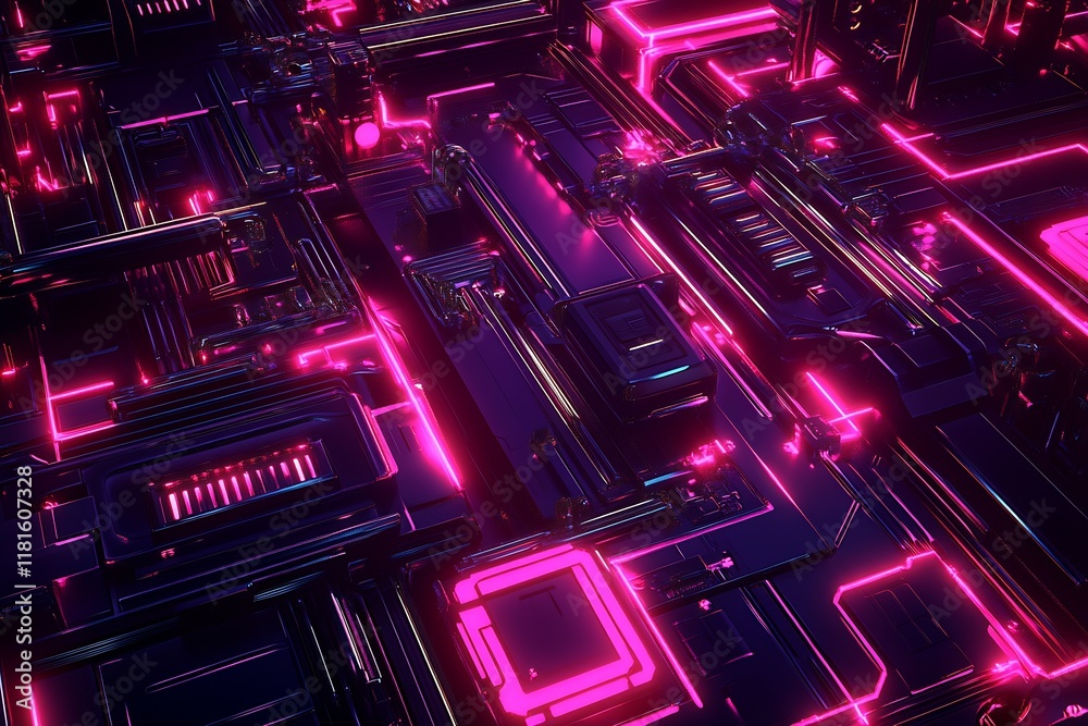 Poster Dynamic Neon Circuit Board with Glowing Cyberpunk Elements and Futuristic Flair : Generative AI