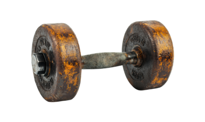 Rusty vintage dumbbell with textured grip, old gym equipment for strength training or fitness, antique weightlifting accessory for industrial decor isolated on transparent background