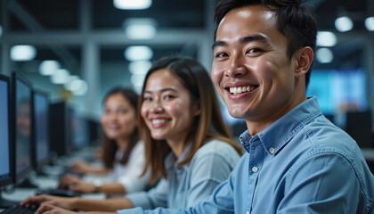 Obraz premium Smiling students working on computers in tech lab, collaborative learning
