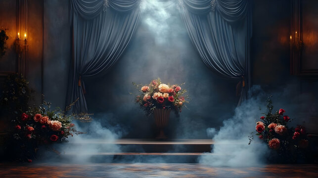 Flowers Adorn Stage, Candles Glow Mysteriously in Smoky Room Ambiance