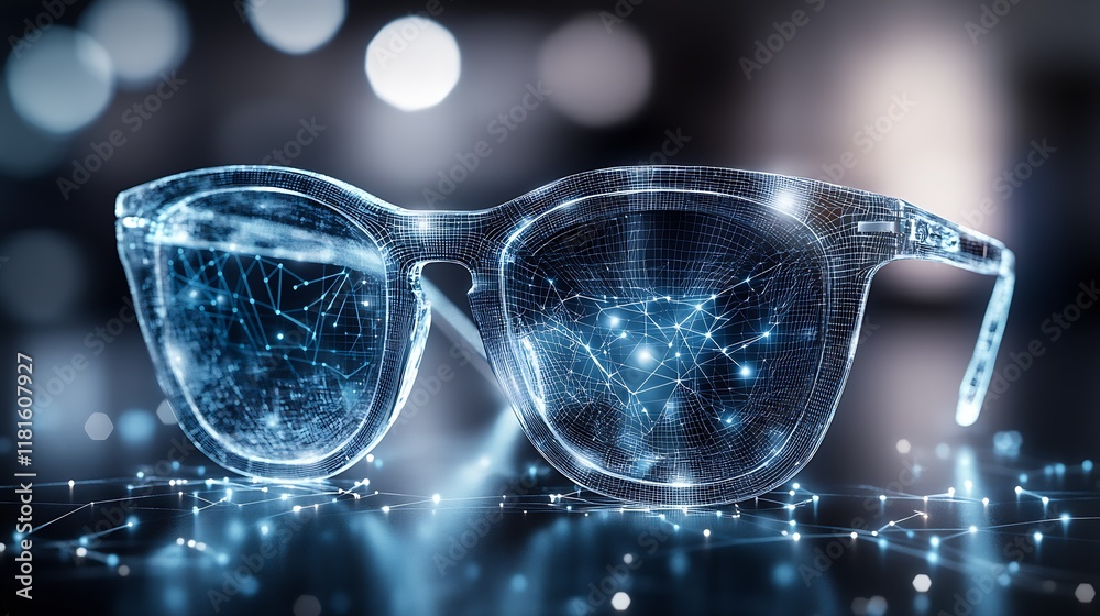 Poster futuristic glasses showcasing cybernetic design and digital network interactive lenses : generative 