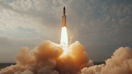 Rocket launch with rising smoke against a blue partially cloudy sky