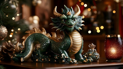 Fototapeta premium Green Dragon Sculpture Sits Majestically with Golden Accents