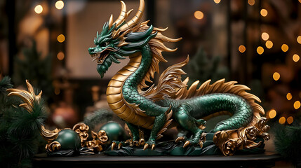 Fototapeta premium Green Dragon Sculpture Stands Majestically with Golden Accents Gracefully