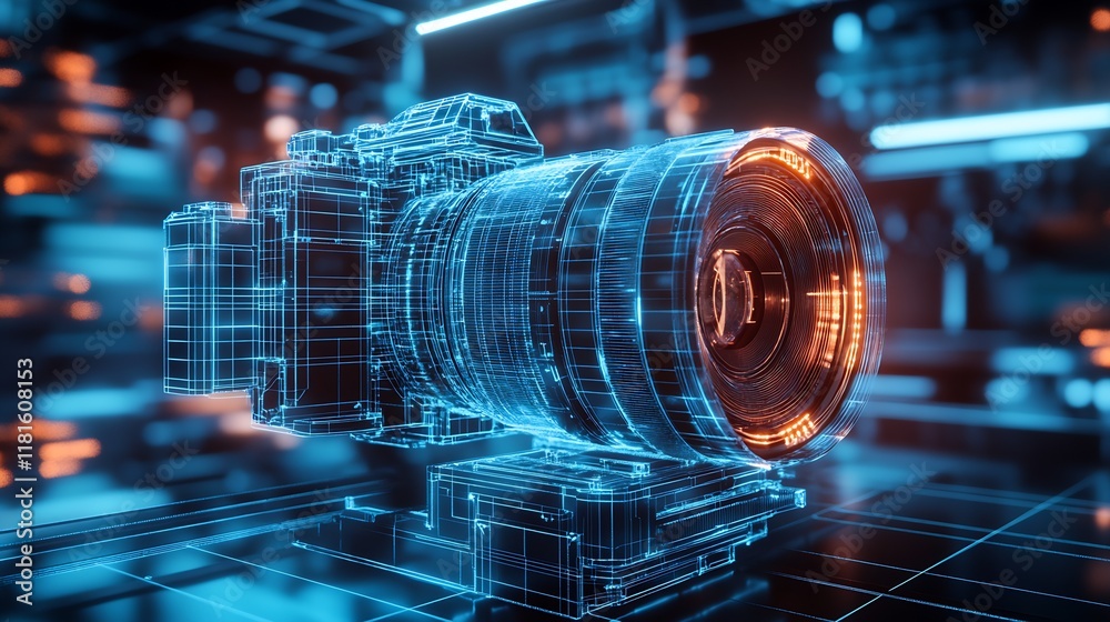 Poster innovative digital camera design in a cybernetic blue and orange environment : generative ai