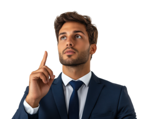 Young businessman pointing upward with thoughtful expression, concept of idea, innovation, or solution, corporate leadership and success isolated on transparent background