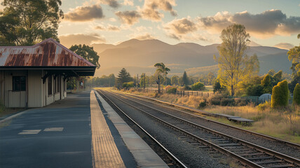 Fototapeta premium 早朝の郊外駅と錆びた屋根が映す静かな線路