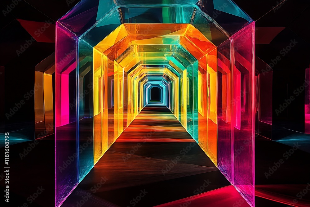 Poster Dynamic Neon Light Tunnel with Spectral Colors and Visual Depth : Generative AI