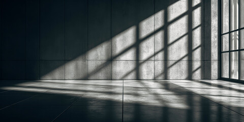 Minimalist sunlit concrete interior with geometric shadows for modern design