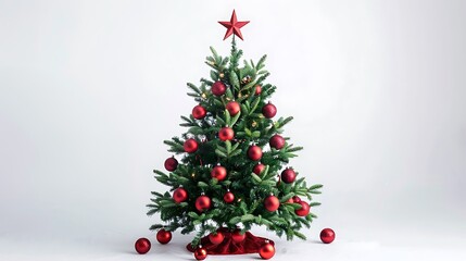 Isolated Christmas tree with red ornaments and star topper
