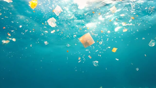 Plastic debris floating underwater, emphasizing marine pollution and environmental harm