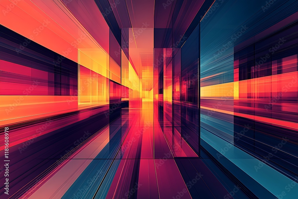Aufkleber Dynamic Architectural Passage with Intense Neon and Reflections : Generative AI