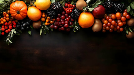 Fresh Fruits and Vegetables Create Vibrant Still Life Beautifully on Dark Wood