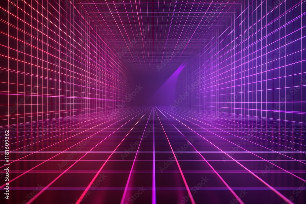 Poster dynamic neon grid tunnel with intense pink and purple lights : generative ai