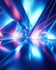 Abstract 3D Geometric Structure with Neon Lighting, Reflective Surfaces, and Modern Design.