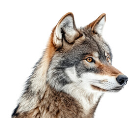 Obraz premium Wolf head portrait showcasing detailed features and natural colors of the animal. Isolated on transparent background, png.