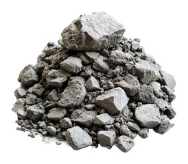 Pile of grey crushed concrete or cement chunks, rugged construction material for building, industrial texture concept isolated on transparent background